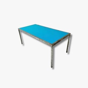 Retro Tisch aus Stahl mit blauem Furnier