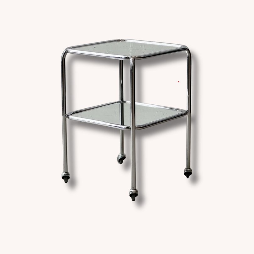 Bauhaus Beistelltisch aus Stahlrohr und Glas, rollbar 1970er Jahre