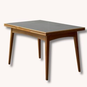 Ausziehbarer Mid Century Esstisch mit schwarzer Resopalplatte, 1960er Jahre
