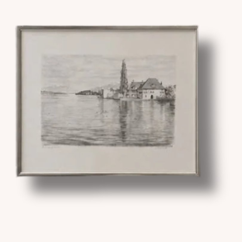 Originale Lithografie „Kloster auf der Ufenau“ von L. Albrecht