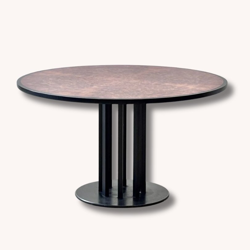 Runder Design-Esstisch aus Thuja-Wurzelfurnier und Stahl, 1980er Jahre